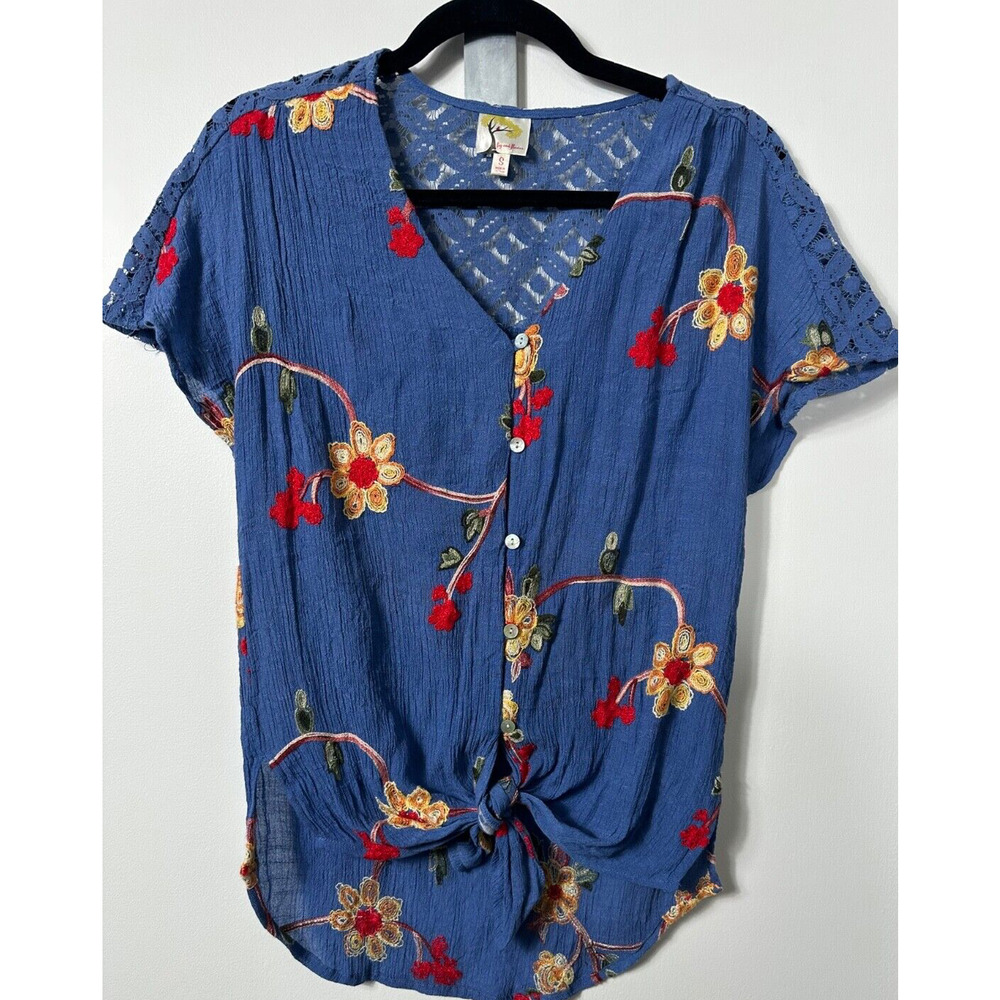 Fig & Flower Embroidered Floral Tie Button Front Blouse Boho Top Size S Blue B20